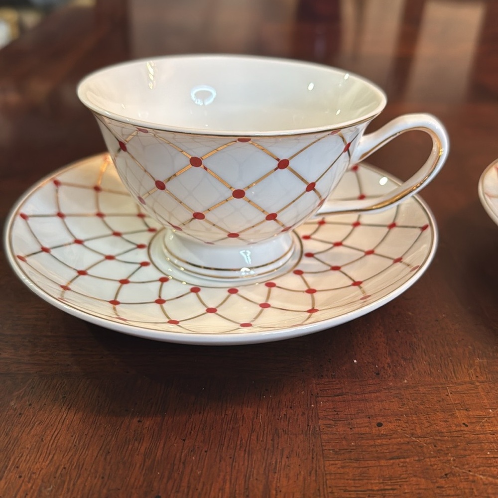 Set of 2 Grace's Teaware Elegant White and Red Teacup Set Tea